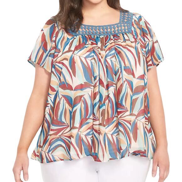 NWOT LANE BRYANT Top  22/24 Blue Pink Tropical Crochet Ruch Drape Short-Sleeve - Picture 1 of 8